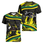 Panthers Rugby Mascot Women V-Neck T-Shirt Fierce Athlete Graphic in Sports Style