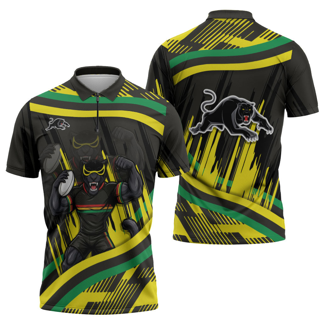 Panthers Rugby Mascot Zipper Polo Shirt Fierce Athlete Graphic in Sports Style