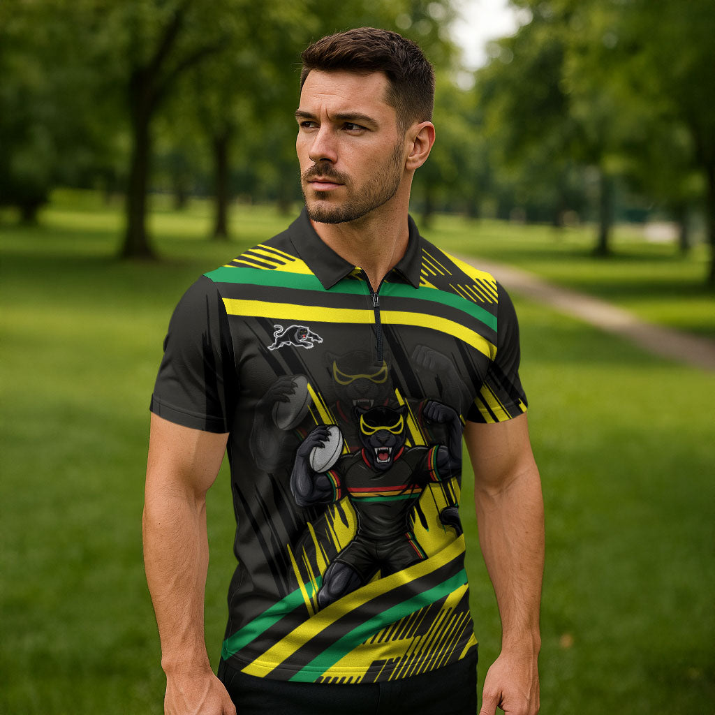 Panthers Rugby Mascot Zipper Polo Shirt Fierce Athlete Graphic in Sports Style