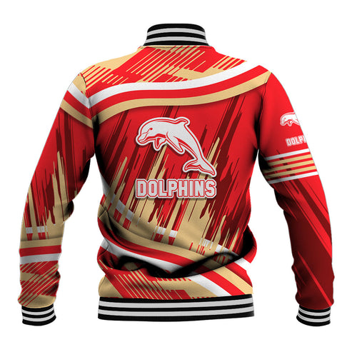 Dolphins Rugby Mascot Baseball Jacket Fierce Athlete Graphic in Sports Style