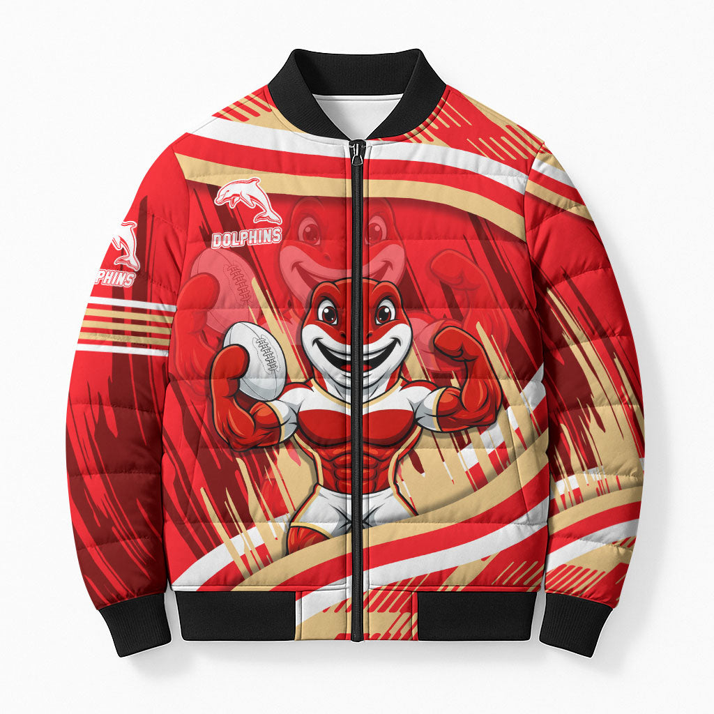 Dolphins Rugby Mascot Bomber Puffer Jacket Fierce Athlete Graphic in Sports Style