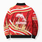 Dolphins Rugby Mascot Bomber Puffer Jacket Fierce Athlete Graphic in Sports Style