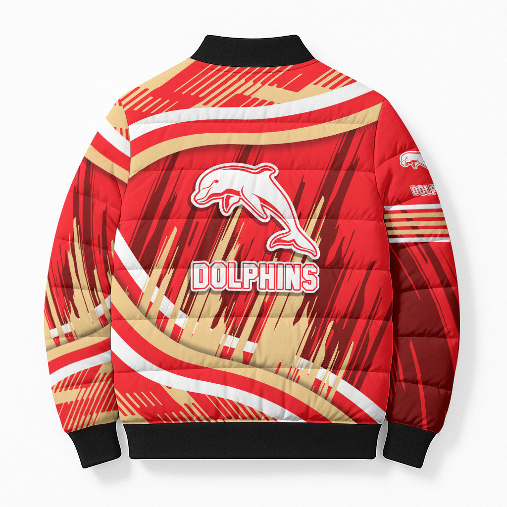 Dolphins Rugby Mascot Bomber Puffer Jacket Fierce Athlete Graphic in Sports Style