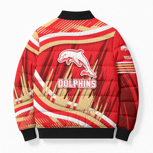 Dolphins Rugby Mascot Bomber Puffer Jacket Fierce Athlete Graphic in Sports Style