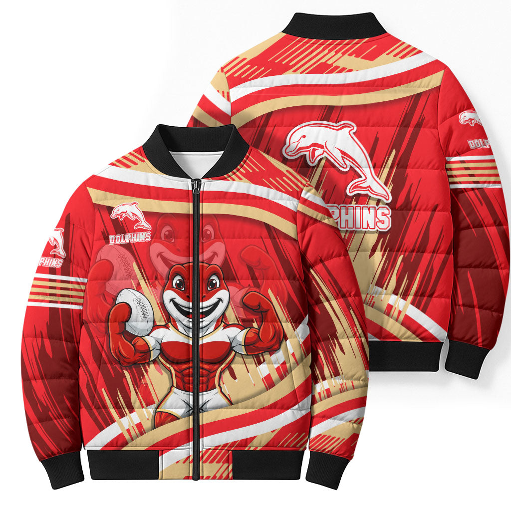 Dolphins Rugby Mascot Bomber Puffer Jacket Fierce Athlete Graphic in Sports Style