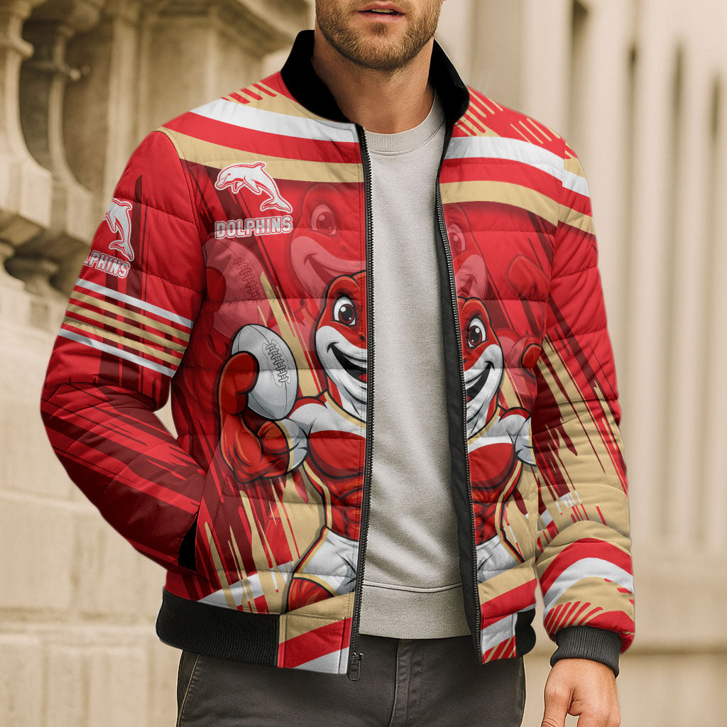 Dolphins Rugby Mascot Bomber Puffer Jacket Fierce Athlete Graphic in Sports Style