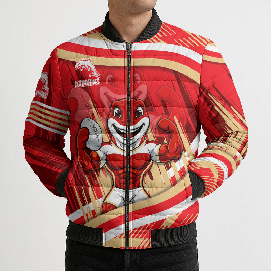 Dolphins Rugby Mascot Bomber Puffer Jacket Fierce Athlete Graphic in Sports Style