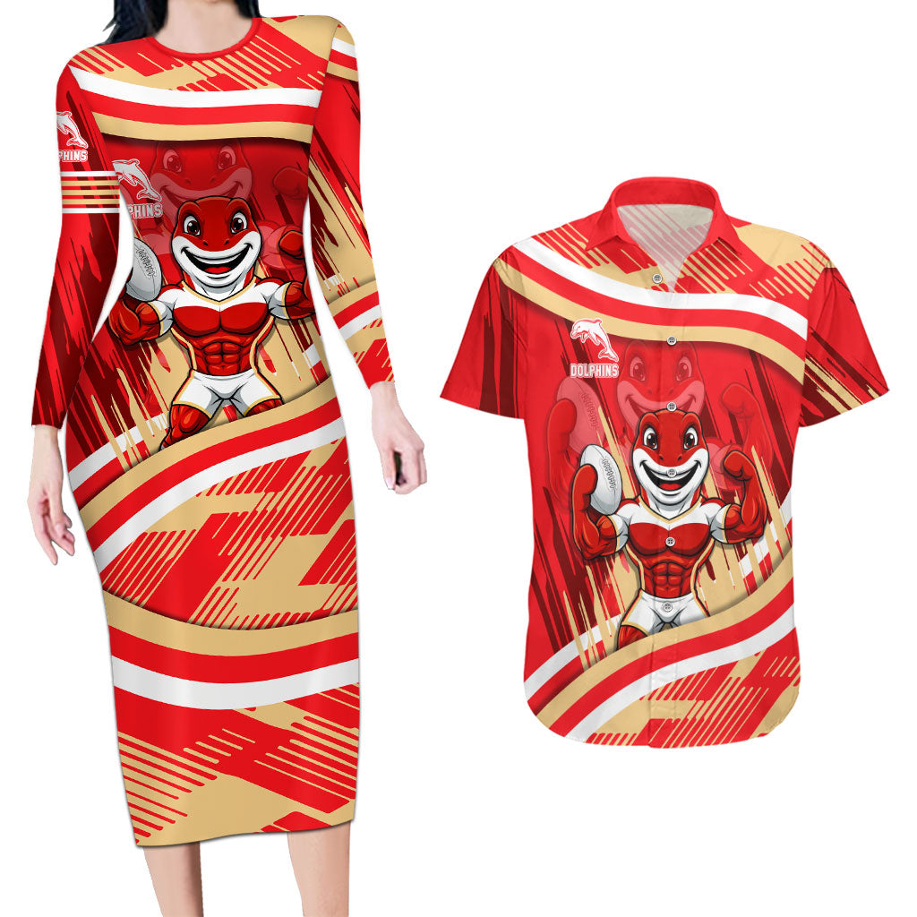 Dolphins Rugby Mascot Couples Matching Long Sleeve Bodycon Dress and Hawaiian Shirt Fierce Athlete Graphic in Sports Style