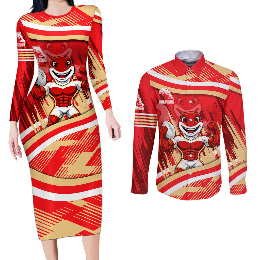 Dolphins Rugby Mascot Couples Matching Long Sleeve Bodycon Dress and Long Sleeve Button Shirt Fierce Athlete Graphic in Sports Style