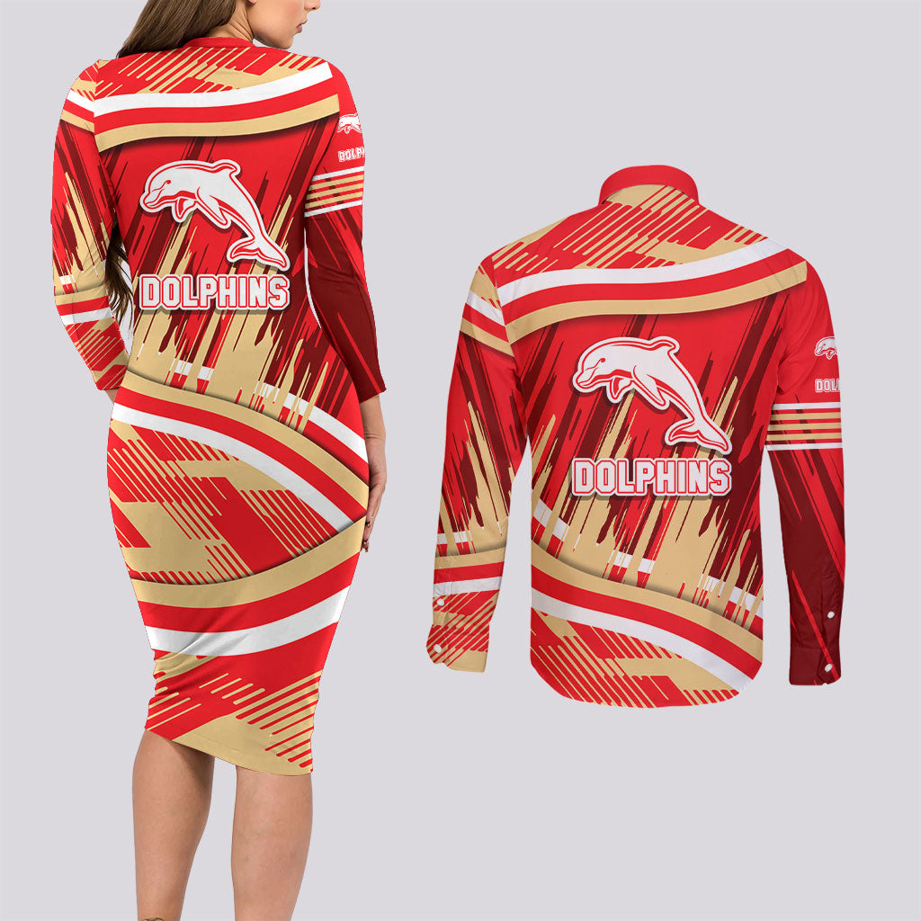 Dolphins Rugby Mascot Couples Matching Long Sleeve Bodycon Dress and Long Sleeve Button Shirt Fierce Athlete Graphic in Sports Style