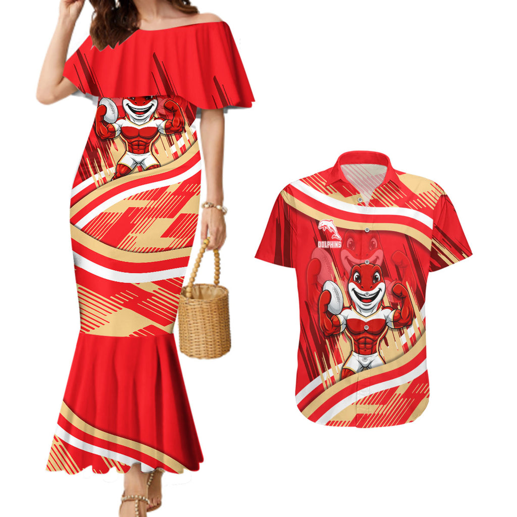 Dolphins Rugby Mascot Couples Matching Mermaid Dress and Hawaiian Shirt Fierce Athlete Graphic in Sports Style