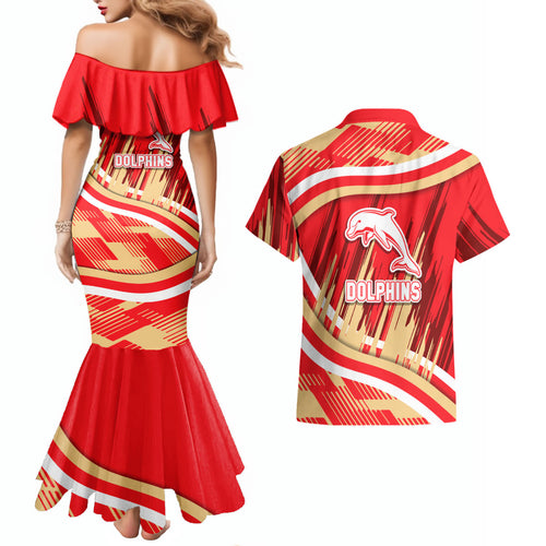 Dolphins Rugby Mascot Couples Matching Mermaid Dress and Hawaiian Shirt Fierce Athlete Graphic in Sports Style