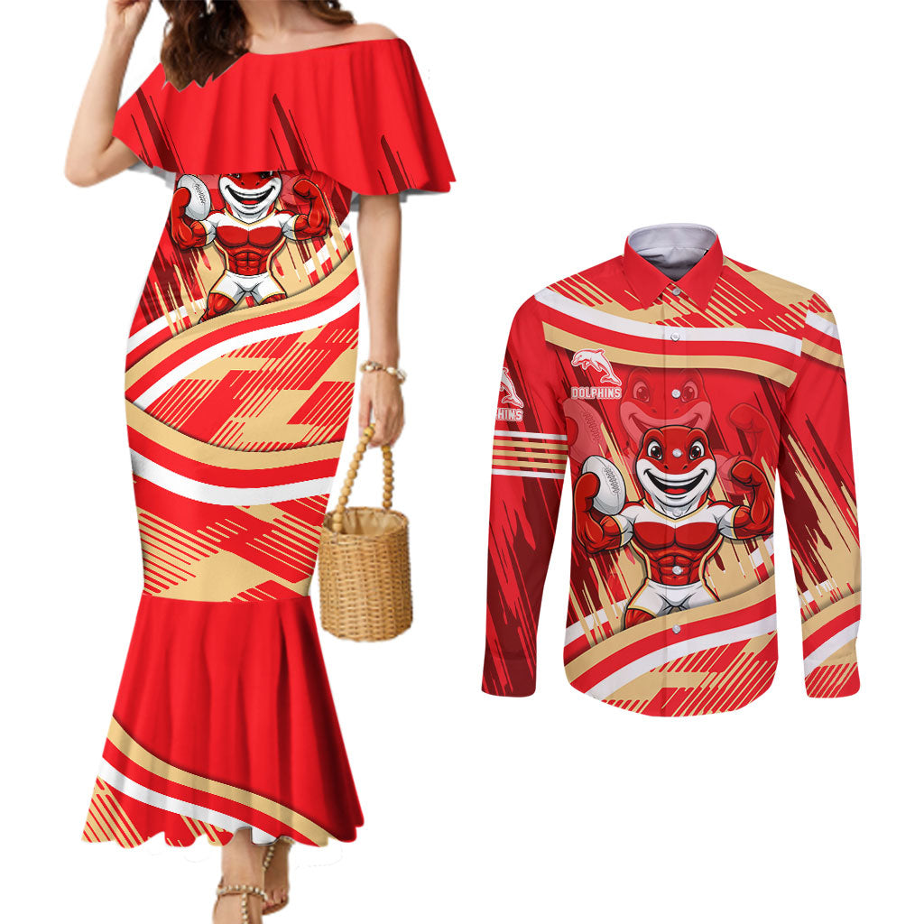 Dolphins Rugby Mascot Couples Matching Mermaid Dress and Long Sleeve Button Shirt Fierce Athlete Graphic in Sports Style