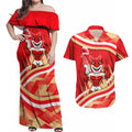 Dolphins Rugby Mascot Couples Matching Off Shoulder Maxi Dress and Hawaiian Shirt Fierce Athlete Graphic in Sports Style
