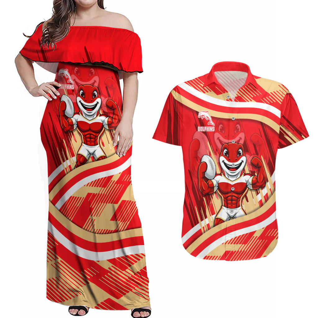 Dolphins Rugby Mascot Couples Matching Off Shoulder Maxi Dress and Hawaiian Shirt Fierce Athlete Graphic in Sports Style