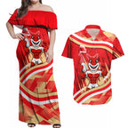 Dolphins Rugby Mascot Couples Matching Off Shoulder Maxi Dress and Hawaiian Shirt Fierce Athlete Graphic in Sports Style