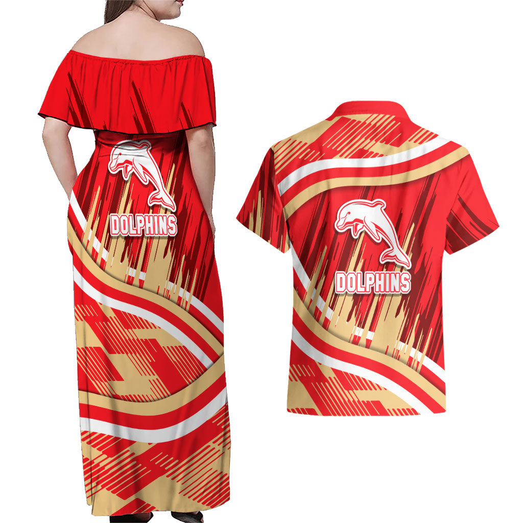 Dolphins Rugby Mascot Couples Matching Off Shoulder Maxi Dress and Hawaiian Shirt Fierce Athlete Graphic in Sports Style