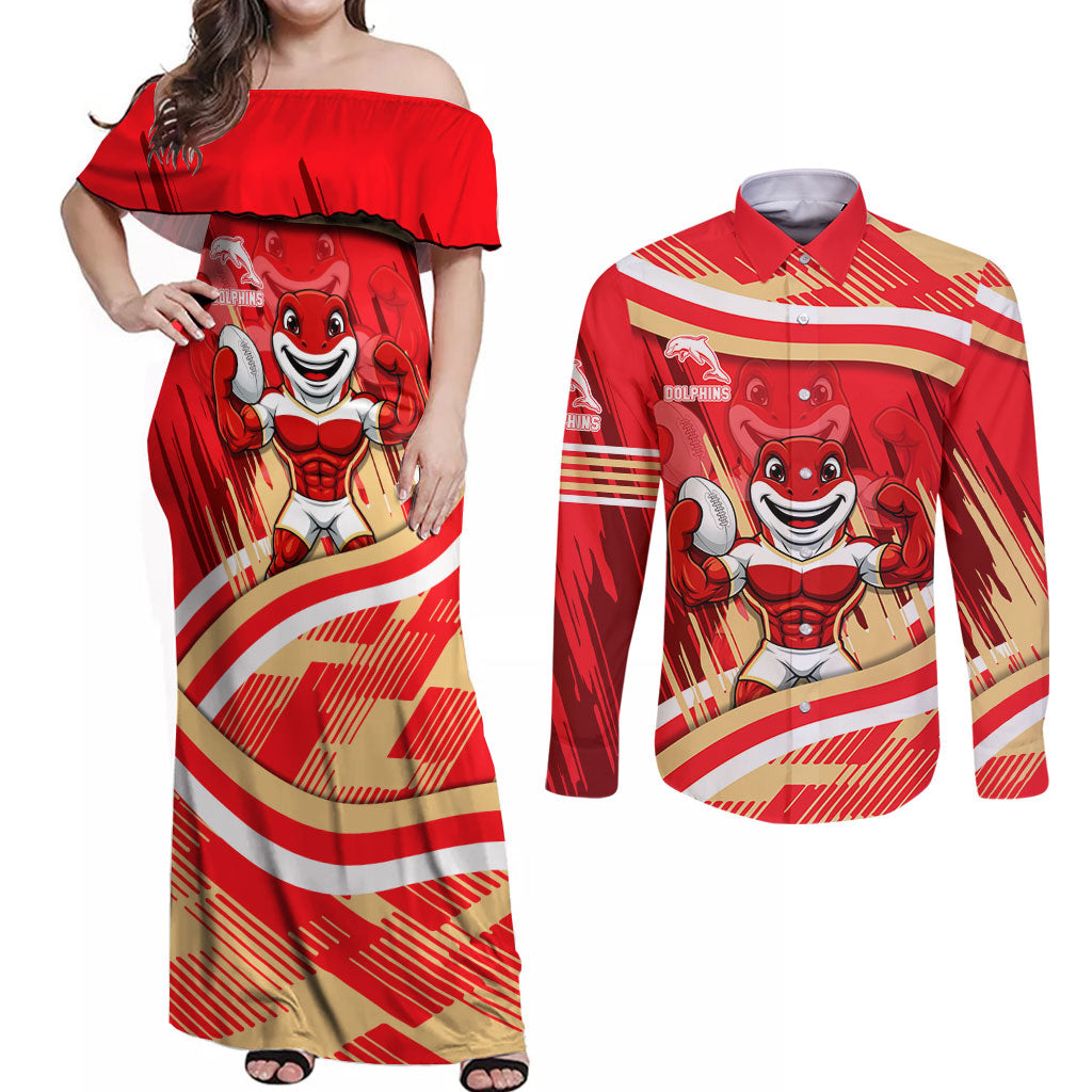 Dolphins Rugby Mascot Couples Matching Off Shoulder Maxi Dress and Long Sleeve Button Shirt Fierce Athlete Graphic in Sports Style