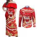 Dolphins Rugby Mascot Couples Matching Off Shoulder Maxi Dress and Long Sleeve Button Shirt Fierce Athlete Graphic in Sports Style
