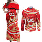 Dolphins Rugby Mascot Couples Matching Off Shoulder Maxi Dress and Long Sleeve Button Shirt Fierce Athlete Graphic in Sports Style