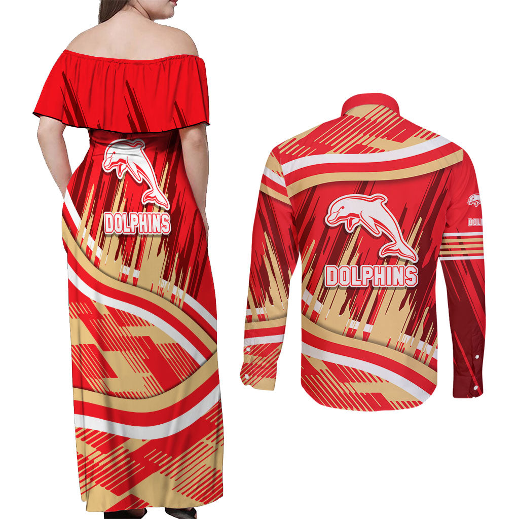 Dolphins Rugby Mascot Couples Matching Off Shoulder Maxi Dress and Long Sleeve Button Shirt Fierce Athlete Graphic in Sports Style