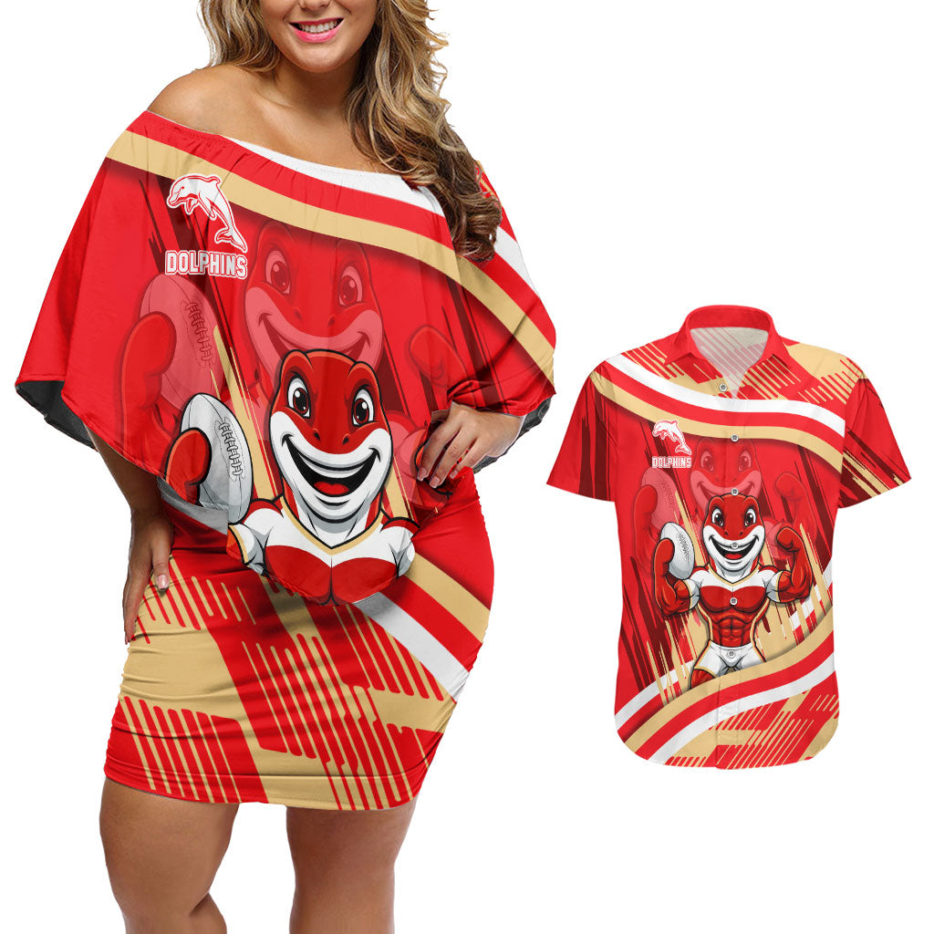 Dolphins Rugby Mascot Couples Matching Off Shoulder Short Dress and Hawaiian Shirt Fierce Athlete Graphic in Sports Style