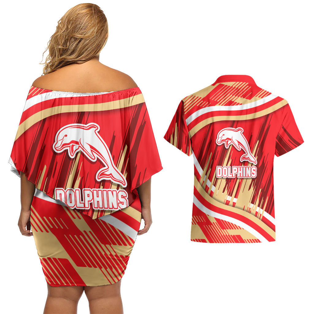 Dolphins Rugby Mascot Couples Matching Off Shoulder Short Dress and Hawaiian Shirt Fierce Athlete Graphic in Sports Style