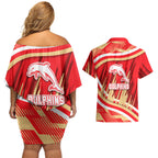 Dolphins Rugby Mascot Couples Matching Off Shoulder Short Dress and Hawaiian Shirt Fierce Athlete Graphic in Sports Style