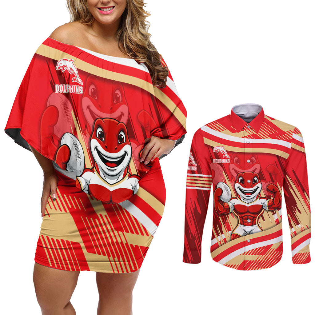 Dolphins Rugby Mascot Couples Matching Off Shoulder Short Dress and Long Sleeve Button Shirt Fierce Athlete Graphic in Sports Style
