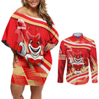 Dolphins Rugby Mascot Couples Matching Off Shoulder Short Dress and Long Sleeve Button Shirt Fierce Athlete Graphic in Sports Style
