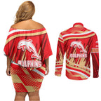 Dolphins Rugby Mascot Couples Matching Off Shoulder Short Dress and Long Sleeve Button Shirt Fierce Athlete Graphic in Sports Style
