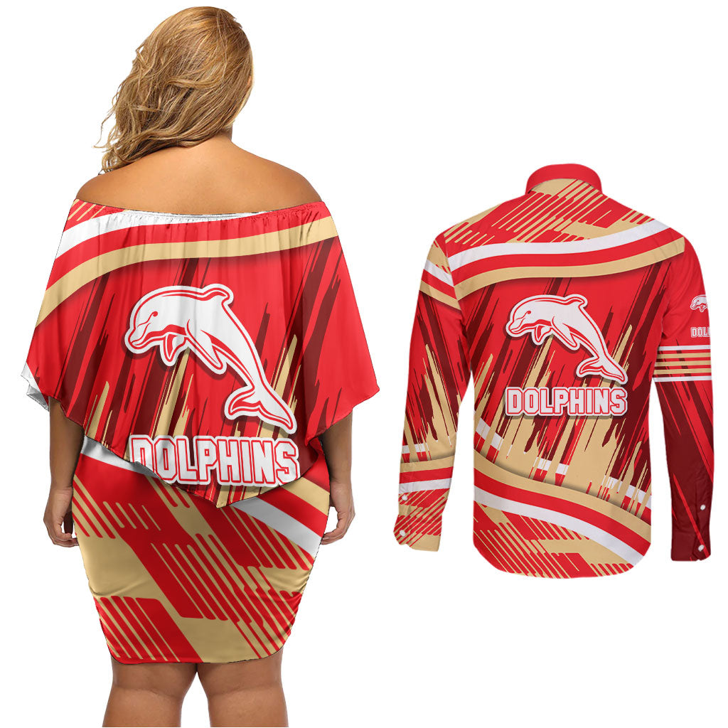 Dolphins Rugby Mascot Couples Matching Off Shoulder Short Dress and Long Sleeve Button Shirt Fierce Athlete Graphic in Sports Style