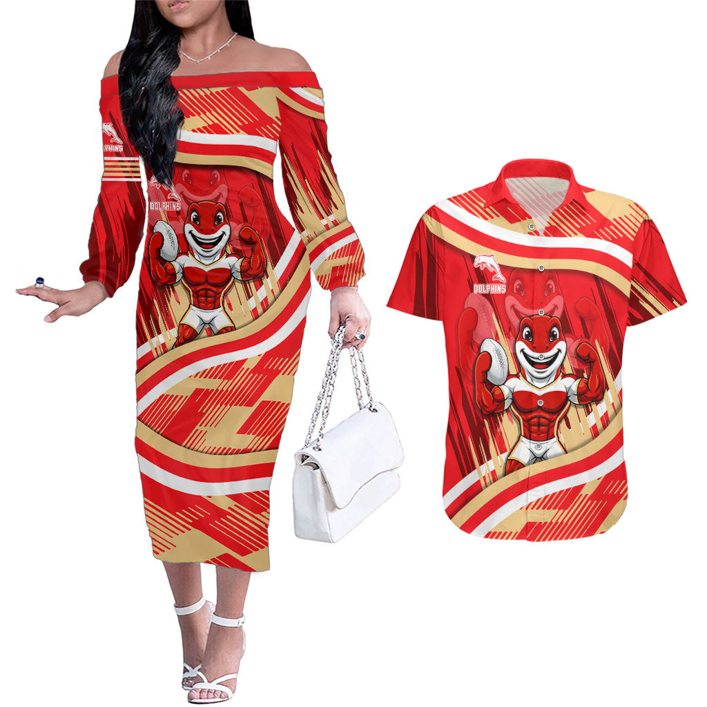 Dolphins Rugby Mascot Couples Matching Off The Shoulder Long Sleeve Dress and Hawaiian Shirt Fierce Athlete Graphic in Sports Style