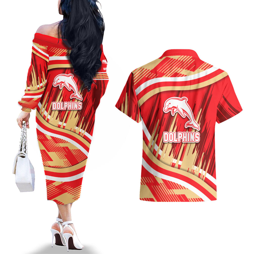 Dolphins Rugby Mascot Couples Matching Off The Shoulder Long Sleeve Dress and Hawaiian Shirt Fierce Athlete Graphic in Sports Style