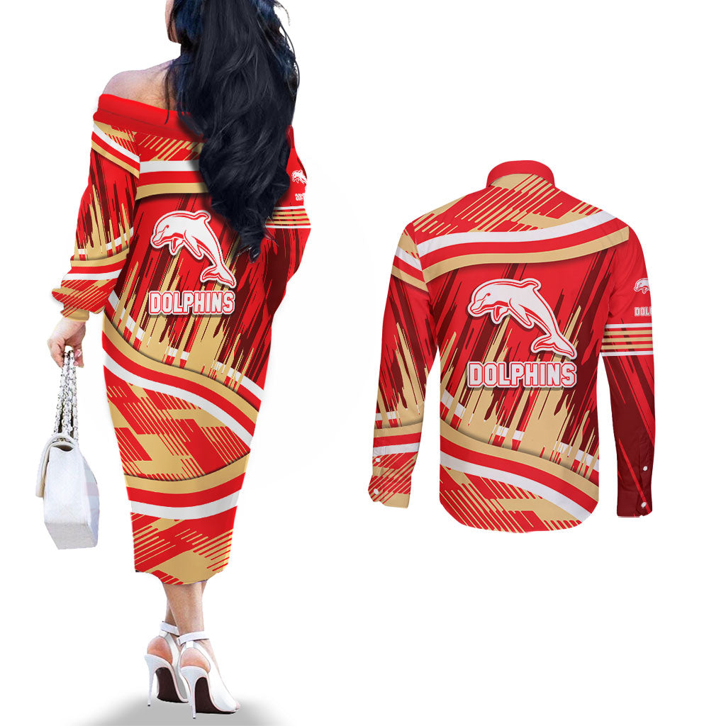 Dolphins Rugby Mascot Couples Matching Off The Shoulder Long Sleeve Dress and Long Sleeve Button Shirt Fierce Athlete Graphic in Sports Style