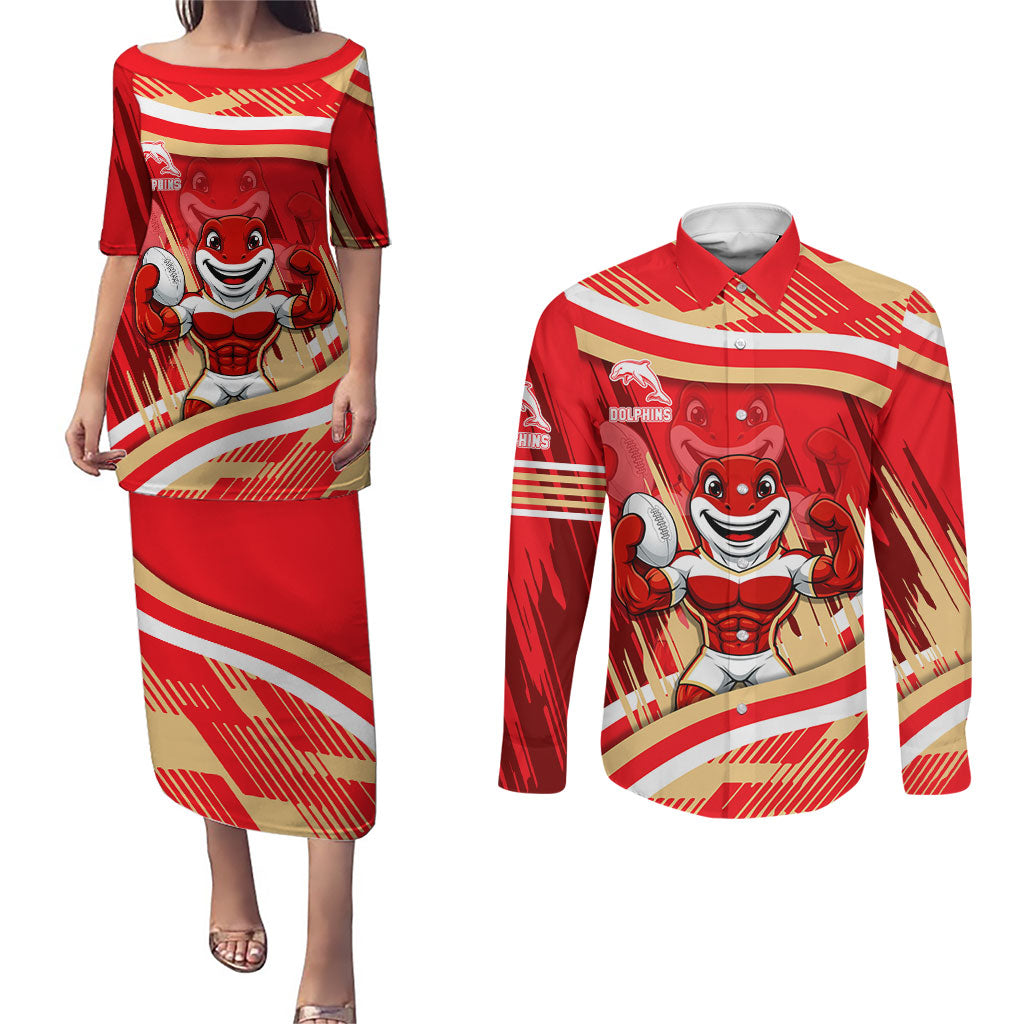 Dolphins Rugby Mascot Couples Matching Puletasi and Long Sleeve Button Shirt Fierce Athlete Graphic in Sports Style
