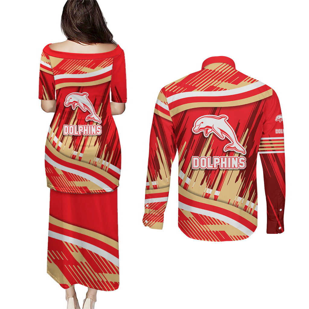 Dolphins Rugby Mascot Couples Matching Puletasi and Long Sleeve Button Shirt Fierce Athlete Graphic in Sports Style