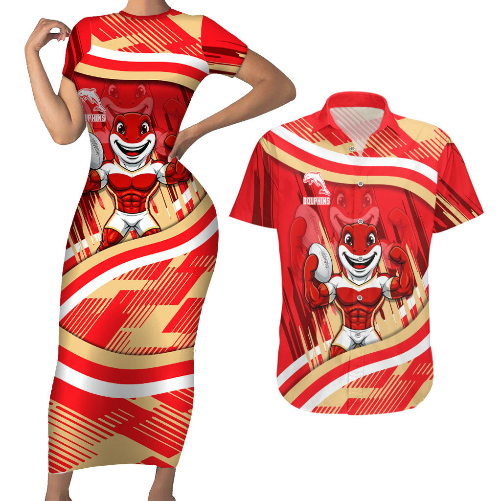 Dolphins Rugby Mascot Couples Matching Short Sleeve Bodycon Dress and Hawaiian Shirt Fierce Athlete Graphic in Sports Style