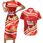 Dolphins Rugby Mascot Couples Matching Short Sleeve Bodycon Dress and Hawaiian Shirt Fierce Athlete Graphic in Sports Style