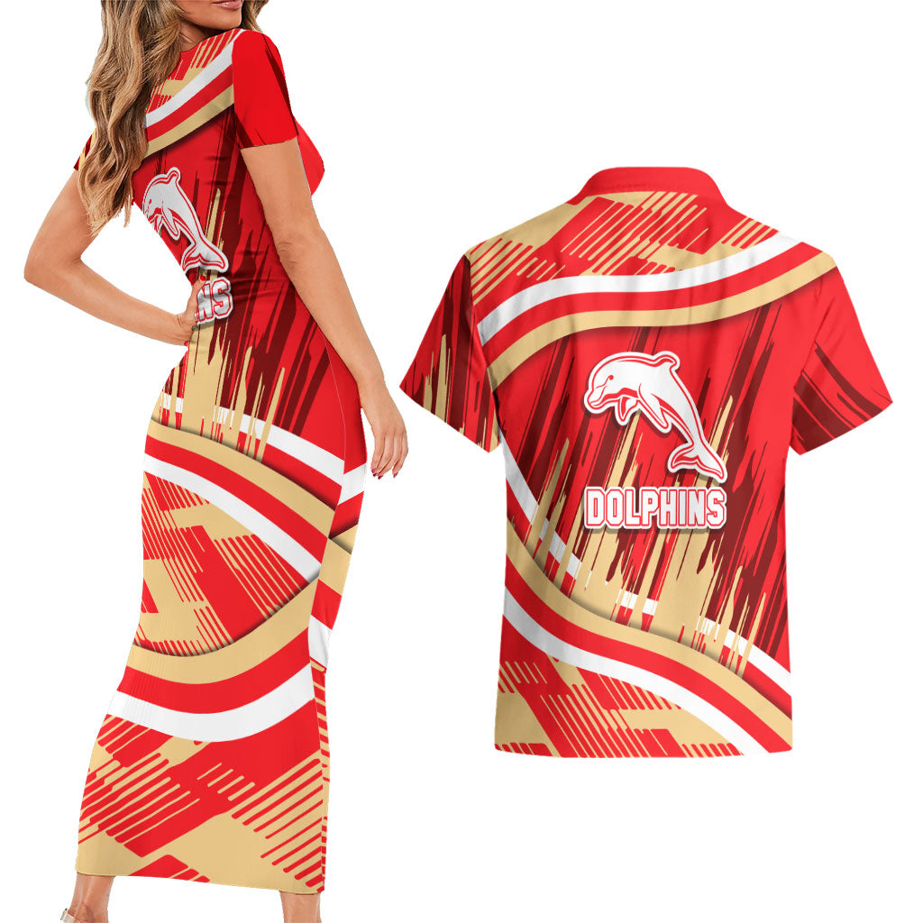 Dolphins Rugby Mascot Couples Matching Short Sleeve Bodycon Dress and Hawaiian Shirt Fierce Athlete Graphic in Sports Style