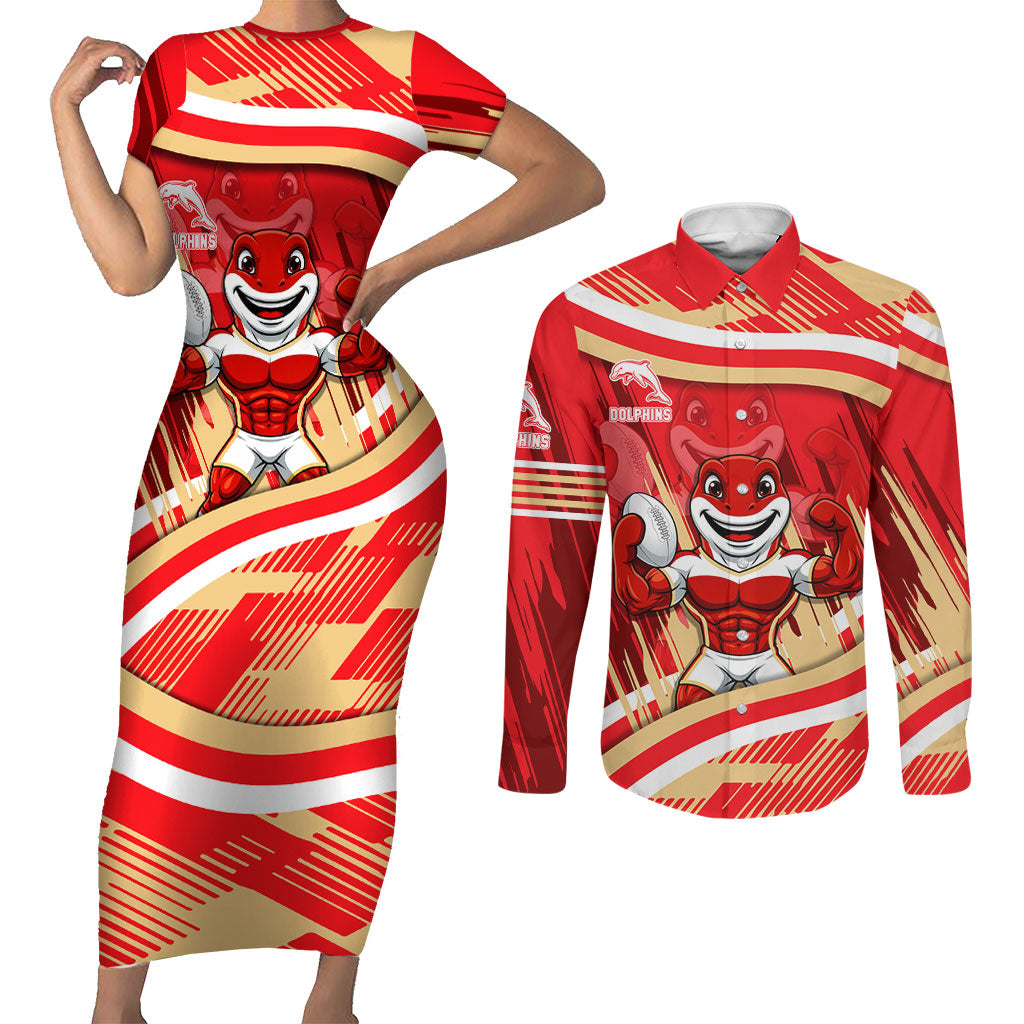 Dolphins Rugby Mascot Couples Matching Short Sleeve Bodycon Dress and Long Sleeve Button Shirt Fierce Athlete Graphic in Sports Style