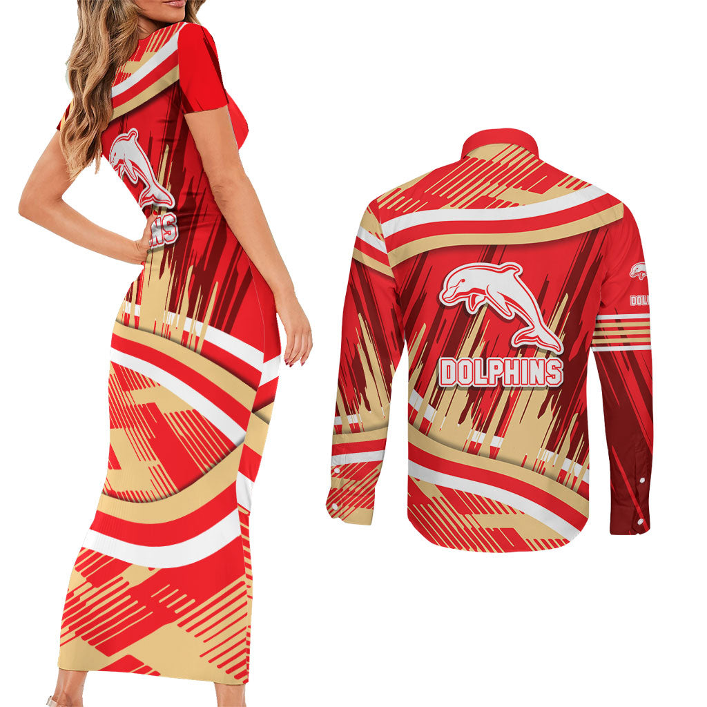 Dolphins Rugby Mascot Couples Matching Short Sleeve Bodycon Dress and Long Sleeve Button Shirt Fierce Athlete Graphic in Sports Style