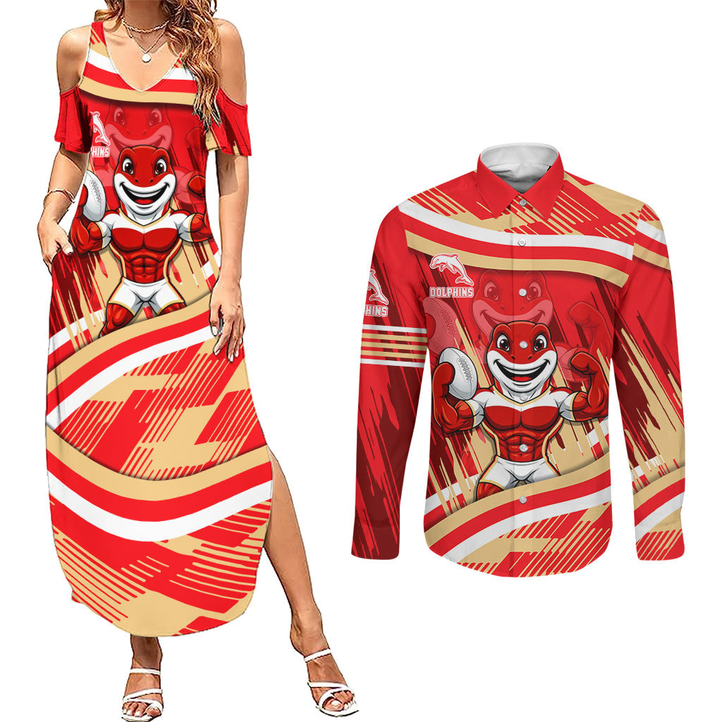 Dolphins Rugby Mascot Couples Matching Summer Maxi Dress and Long Sleeve Button Shirt Fierce Athlete Graphic in Sports Style