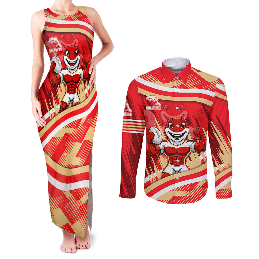 Dolphins Rugby Mascot Couples Matching Tank Maxi Dress and Long Sleeve Button Shirt Fierce Athlete Graphic in Sports Style
