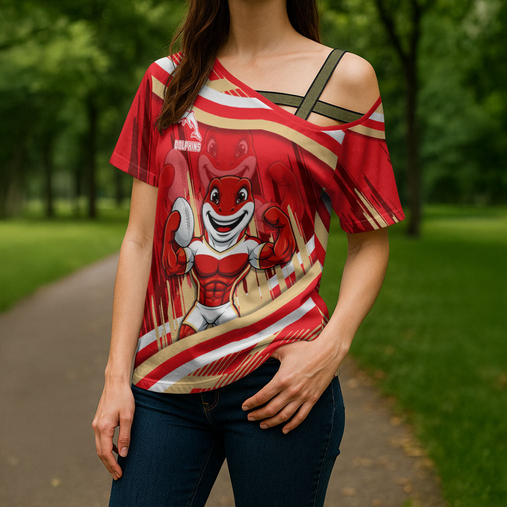 Dolphins Rugby Mascot Cross Shoulder Shirt Fierce Athlete Graphic in Sports Style