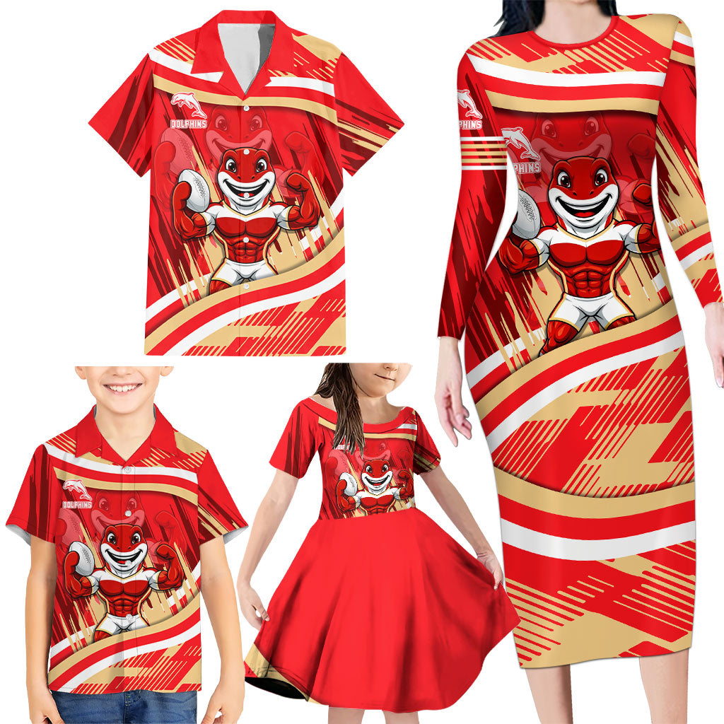 Dolphins Rugby Mascot Family Matching Long Sleeve Bodycon Dress and Hawaiian Shirt Fierce Athlete Graphic in Sports Style