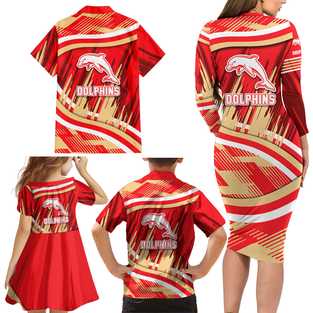 Dolphins Rugby Mascot Family Matching Long Sleeve Bodycon Dress and Hawaiian Shirt Fierce Athlete Graphic in Sports Style