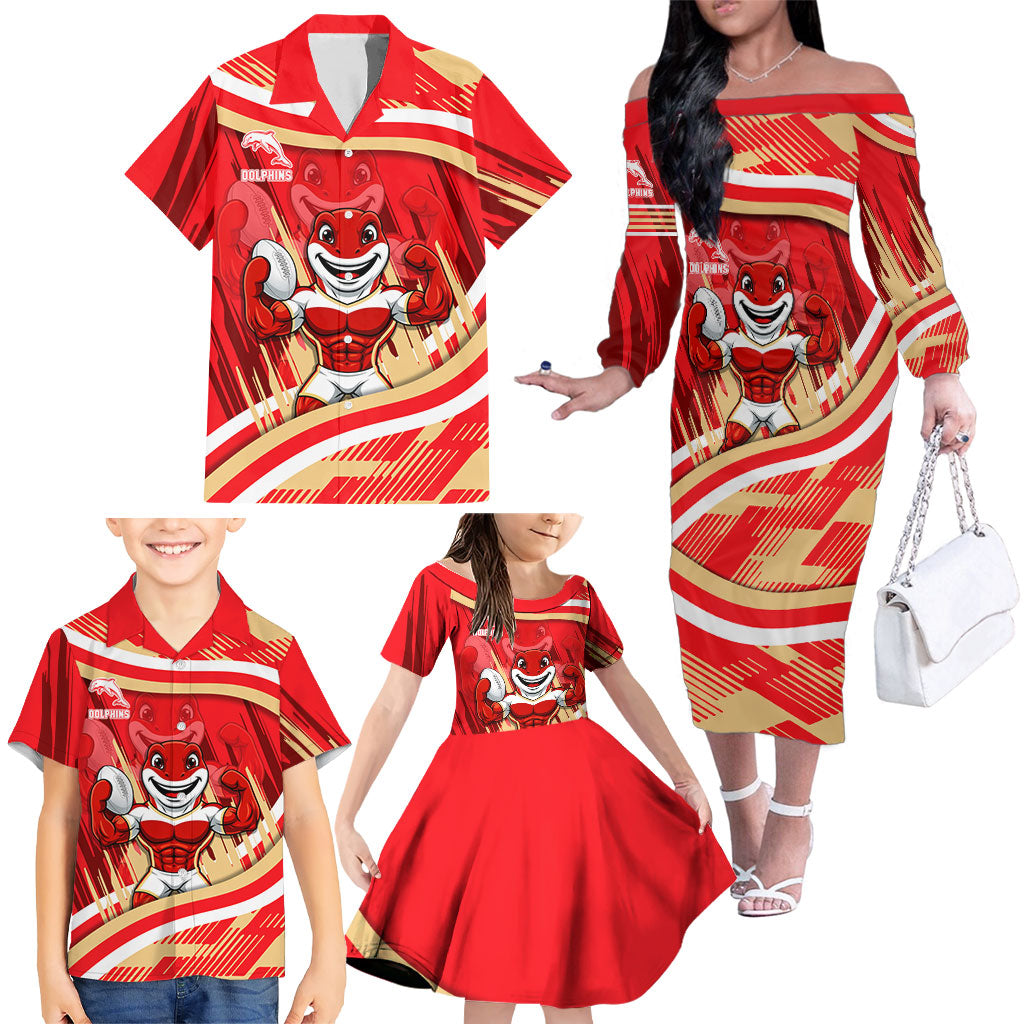 Dolphins Rugby Mascot Family Matching Off The Shoulder Long Sleeve Dress and Hawaiian Shirt Fierce Athlete Graphic in Sports Style