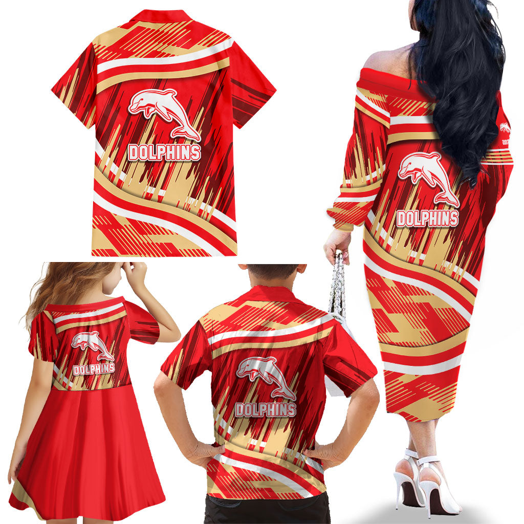 Dolphins Rugby Mascot Family Matching Off The Shoulder Long Sleeve Dress and Hawaiian Shirt Fierce Athlete Graphic in Sports Style