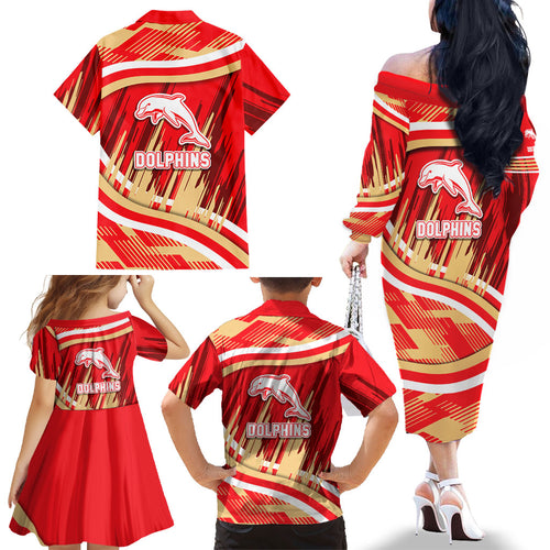 Dolphins Rugby Mascot Family Matching Off The Shoulder Long Sleeve Dress and Hawaiian Shirt Fierce Athlete Graphic in Sports Style